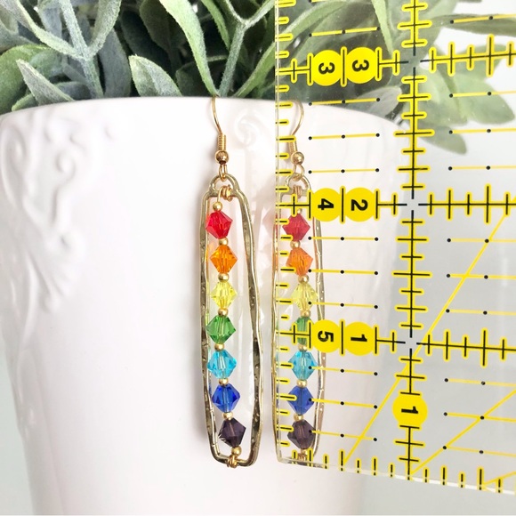 New Sparkling Glass Crystal 18k Gold Plated Hooks Dangling Hoop Rainbow Earrings - Picture 11 of 11